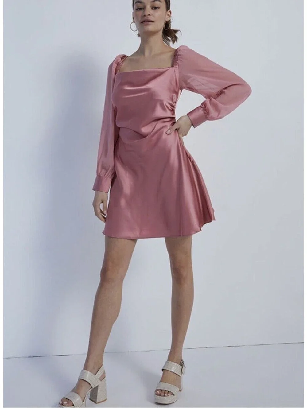 WEWOREWHAT Silky Satin Cowl Neck Mini Dress Womens 0 Puff Sleeve Barbiecore